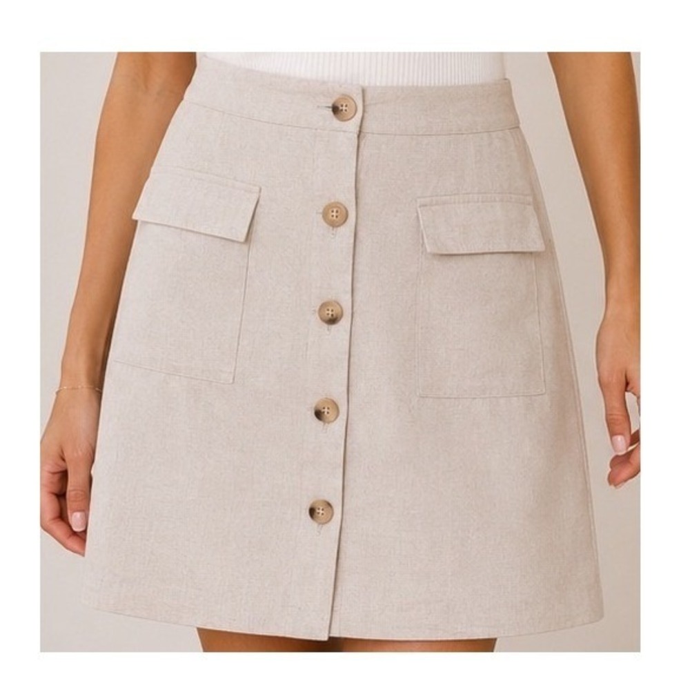 Liz Claiborne Linen Blend Button‎ Front Mini Skirt Beige Size 8 Pockets